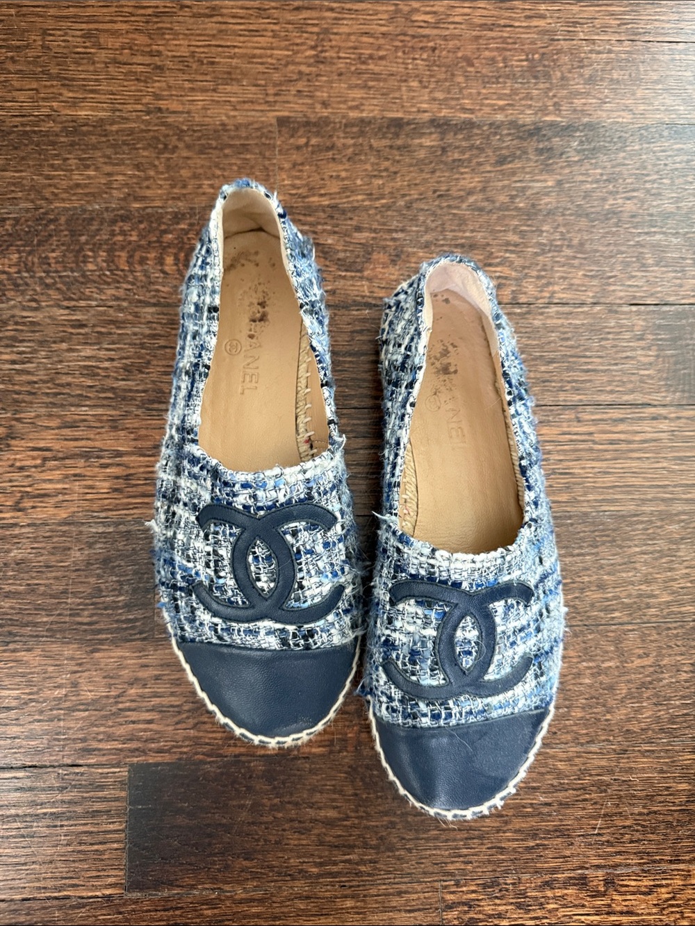 Chanel Navy Tweed Espadrille Flats with Leather Cap Toe